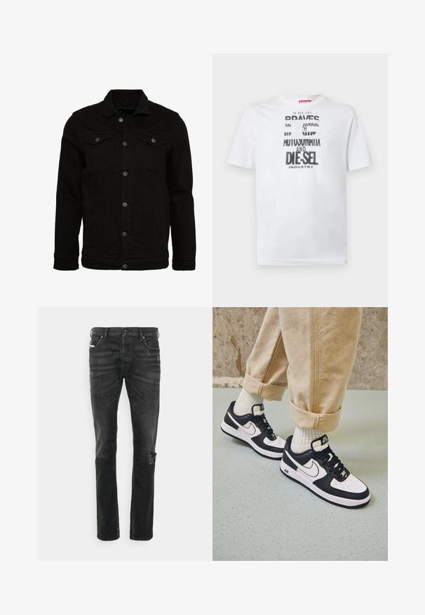 Schwarze Jeansjacke mit klassischem Design, ausgestattet mit Knopfverschluss, zwei Brusttaschen und einer leicht strukturierten Oberfläche.; Weißes Baumwoll-T-Shirt mit fetter schwarzer Typografie und den Worten "BRAVES" und "DIE-SEL INDUSTRY" sowie einem halbtransparenten Cutout-Design.; Schwarze Denim-Jeans mit geradem Schnitt, versehen mit Abnutzungsspuren am Knie, Fünf-Taschen-Design und subtiler Ausbleichung der Stoffstruktur.; Schwarz-weiße Nike Air Force 1 Sneaker mit einem Obermaterial aus Leder, perforierter Zehenpartie und strukturiertem Sohlendesign, getragen mit aufgerollten beigen Hosen und weißen Socken.