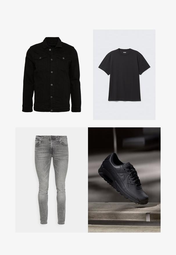 Schwarze Jeansjacke mit klassischem Design, ausgestattet mit Knopfverschluss, zwei Brusttaschen und einer leicht strukturierten Oberfläche.; Schwarzes T-Shirt mit kurzen Ärmeln aus Baumwolle. Hat einen Rundhalsausschnitt und eine lockere Passform. Einfaches Design ohne sichtbare Muster oder Akzente.; Graue Denim-Skinny-Jeans mit glatter Textur, Fünf-Taschen-Design und subtiler Ausbleichung. Mit Metallbeschlägen und einem Reißverschluss.; Schwarze Nike Air Max Sneaker mit einem strukturierten Leder-Obermaterial, Gummisohle und auffälligem Schnürsystem, das ein schlankes, modernes Design präsentiert.
