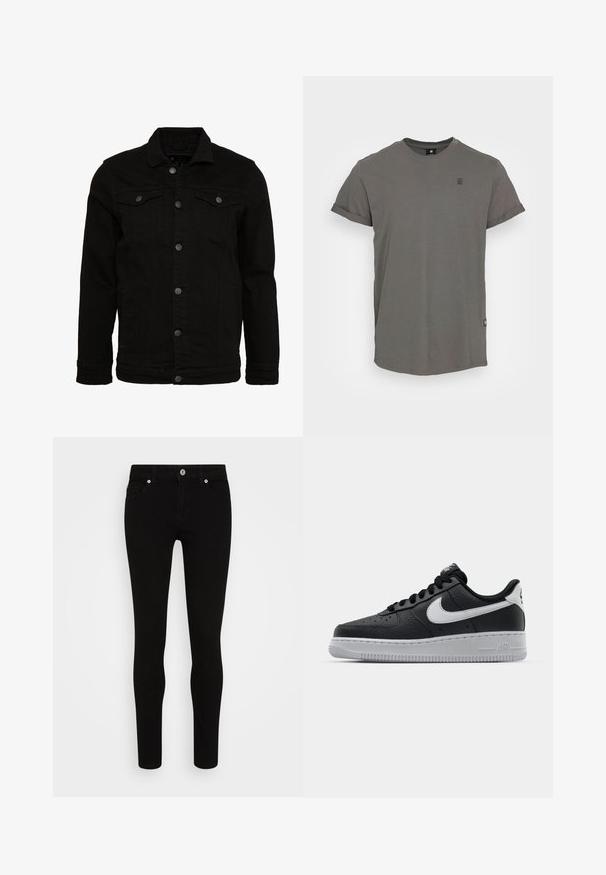 Schwarze Jeansjacke mit klassischem Design, ausgestattet mit Knopfverschluss, zwei Brusttaschen und einer leicht strukturierten Oberfläche.; Graues Baumwoll-T-Shirt, runder Ausschnitt, kurz gerollte Ärmel, leicht gewellter Saum, mit einem kleinen Logo auf der oberen linken Brust.; Schwarze Skinny-Jeans mit glatter Textur, Fünf-Taschen-Design, vorderer Knopfverschluss und schlankem Schnitt. Minimalistischer Stil ohne sichtbare Muster.; Schwarze Ledersneaker mit strukturierten Oberflächen, weißem Nike-Swoosh, grauer Sohle, runder Zehenpartie und Schnürdesign. Verfügt über Perforationen an der Zehenbox.
