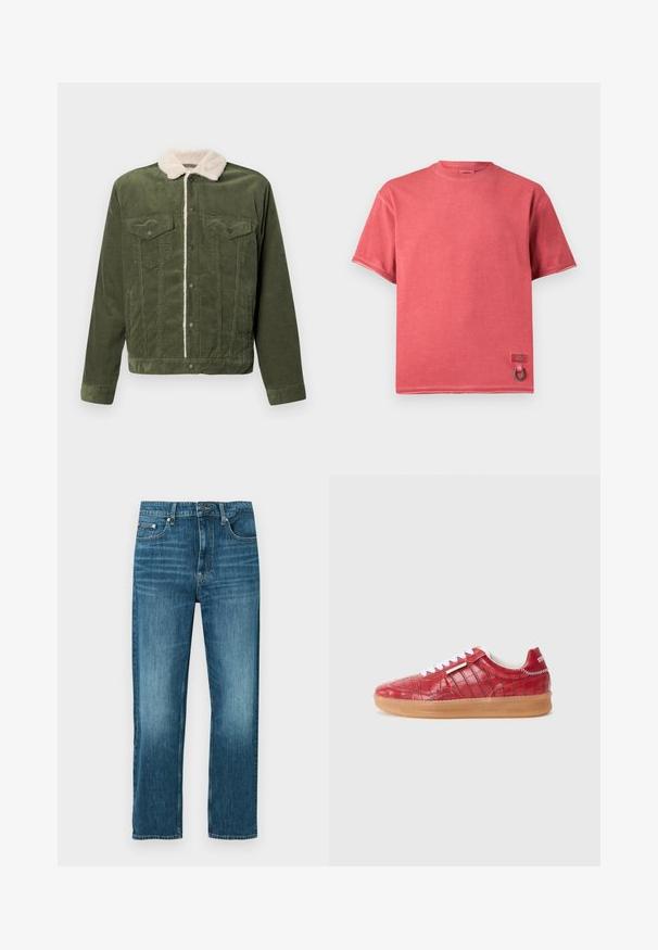 Veste en velours côtelé vert avec un col en polaire crème, dotée de deux poches poitrine, de boutons-pression et d'une surface texturée.; T-shirt rouge délavé à manches courtes avec col rond, petite étiquette de marque et détail de boucle en métal près de l'ourlet inférieur.; Jean denim bleu droit avec fermeture boutonnée et zip à l’avant, deux poches avant et détails subtils d’atténuation.; Baskets en cuir rouge avec texture crocodile, lacets blancs et semelle en caoutchouc. Présentent un dos cousu et un détail de logo sur le talon.