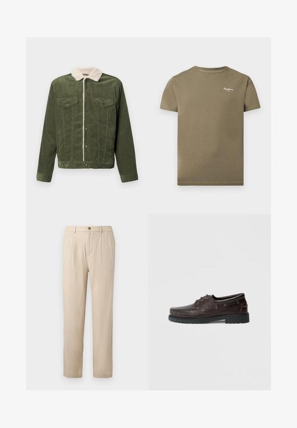 Veste en velours côtelé vert avec un col en polaire crème, dotée de deux poches poitrine, de boutons-pression et d'une surface texturée.; T-shirt manches courtes vert olive à col rond avec petit logo blanc « Pepe Jeans London » sur la partie supérieure gauche de la poitrine.; Pantalon beige sur mesure avec plis devant, fermeture par bouton, passants de ceinture et coupe droite.; Chaussures en cuir marron avec une texture crocodile, bout rond, design à lacets, œillets argentés et semelle en caoutchouc noire antidérapante.