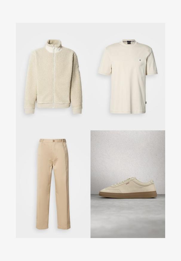 Veste en polaire couleur crème avec un col montant et une fermeture éclair intégrale. Tissu texturé et poignets côtelés. Design minimaliste.; T-shirt à manches courtes et col rond en coton beige clair. Présente un petit logo rond sur la poitrine et un ourlet droit.; Pantalons beiges en tissu léger, avec une coupe droite, une taille avec passants de ceinture et une fermeture à bouton sur le devant.; Baskets en daim beige clair avec une semelle en caoutchouc gomme, des lacets prononcés et des détails de couture subtils. Design épuré avec une esthétique minimaliste.