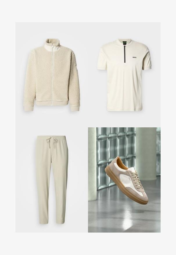 Veste en polaire couleur crème avec un col montant et une fermeture éclair intégrale. Tissu texturé et poignets côtelés. Design minimaliste.; Polo à manches courtes couleur blanc cassé avec une demi-fermeture éclair noire et le logo "BOSS" sur la poitrine gauche, sur un fond uni.; Pantalon beige fuselé avec une taille élastique et un cordon de serrage. Tissu lisse avec poches latérales et coupe décontractée, se resserrant aux chevilles.; Baskets beige et blanches avec semelle marron clair et logo « BOSS », suspendues au-dessus d’un sol lisse et réfléchissant avec un mur en parpaings de verre en arrière-plan.