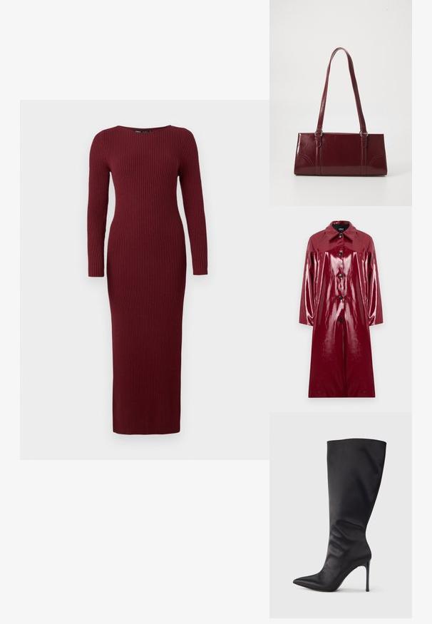 Manteau rouge profond et brillant avec un col, fermeture par boutons et manches longues. Présente une texture lisse et des boutons noirs contrastants.; Robe maxi en tricot côtelé bordeaux avec des manches longues et un col bateau, présentant une silhouette ajustée et une texture subtile.; Botte noire haute jusqu'aux genoux en cuir verni lisse et élégant ; bout pointu ; ajustée avec un léger froncé près de la cheville ; talon brillant.; Sac à main bordeaux en matériau brillant, de forme rectangulaire, avec deux anses et des accents légèrement courbés à l'avant.