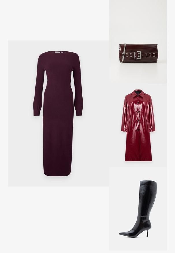 Manteau rouge profond et brillant avec un col, fermeture par boutons et manches longues. Présente une texture lisse et des boutons noirs contrastants.; Robe tricotée à manches longues bordeaux avec une silhouette ajustée, un col rond et une texture côtelée ; longueur genou avec des manches légèrement évasées.; Bottes noires à talons aiguilles montantes, avec une finition en cuir brillant, un bout pointu et un talon effilé, présentant une surface lisse et un design élégant.; Pochette en simili cuir bourgogne avec une bandoulière en chaîne argentée, dotée d'un design de boucle et d'œillets en métal sur le devant pour plus de détails.