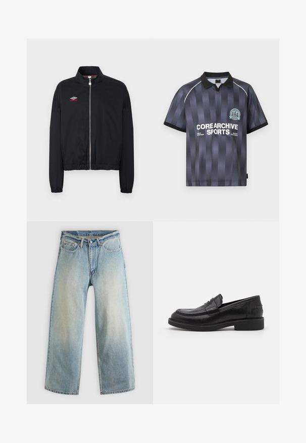 Veste zippée noire avec poignets et ourlet élastiques, dotée d'un col montant et du logo Umbro blanc et rouge sur le côté gauche de la poitrine.; Polo de sport gris foncé à manches courtes avec col noir, rayures verticales, liseré blanc sur les épaules et logo texte blanc "CORE ARCHIVE SPORTS".; Jean denim bleu clair à jambes larges avec une finition délavée. Comprend un design standard à cinq poches et une fermeture à bouton métallique.; Mocassins en cuir noir avec un bout arrondi, des coutures ton sur ton et un détail de sangle à l'avant. Semelle en caoutchouc avec un petit talon.