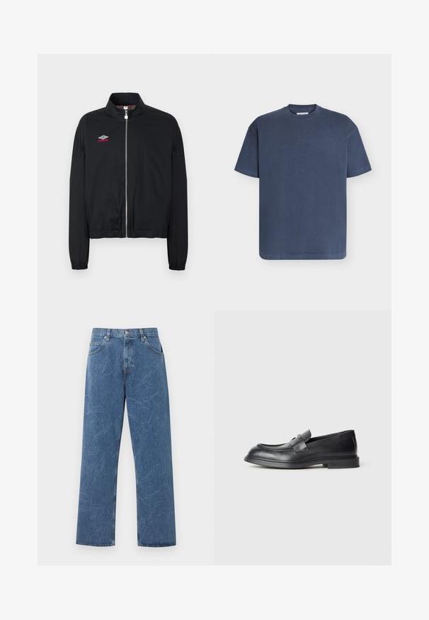 Veste zippée noire avec poignets et ourlet élastiques, dotée d'un col montant et du logo Umbro blanc et rouge sur le côté gauche de la poitrine.; T-shirt bleu marine uni à manches courtes avec col rond, design simple, coutures visibles sur les manches et l'ourlet, posé à plat sur un fond clair.; Jean droit bleu avec des motifs abstraits de feuilles subtilement brodés et un design classique à cinq poches sur un fond clair.; Mocassins en cuir noir avec une finition texturée, dotés d'une bride décorative à l'avant et d'un bout arrondi. Semelle en caoutchouc pour plus de durabilité.
