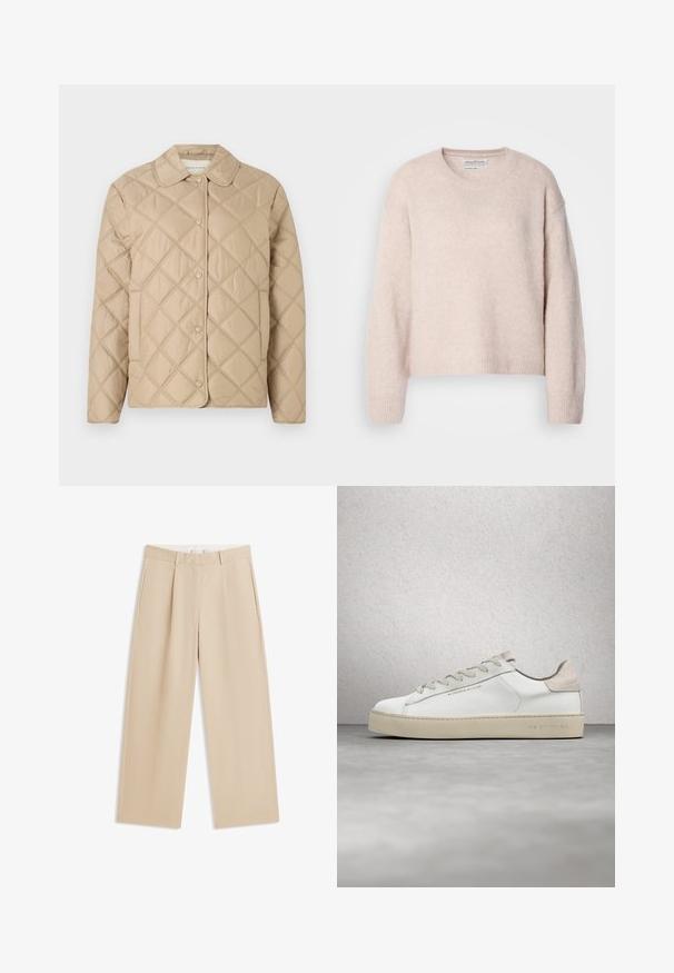 Chaqueta acolchada beige con patrón de diamantes, cuello redondeado, cierre de botón a presión y mangas largas. Textura suave y apariencia ligera.; Suéter de color rosa claro, hecho de una tela suave y texturizada. Presenta un cuello redondo, hombros caídos y puños y dobladillo acanalados. Diseño corto.; Pantalones de pierna ancha color beige con trabillas para cinturón, bolsillos laterales y una pinza en la parte delantera de cada pierna, mostrados extendidos sobre un fondo blanco.; Zapatilla de deporte blanca de cuero con un acabado suave, acentos de gamuza beige, punta redonda, diseño plano con cordones y suela de goma texturizada.