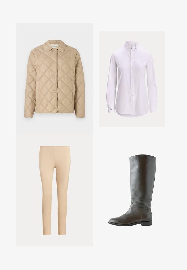 Chaqueta acolchada beige con patrón de diamantes, cuello redondeado, cierre de botón a presión y mangas largas. Textura suave y apariencia ligera.; Camisa blanca de manga larga con botones, cuello abotonado y un pequeño logotipo bordado en el puño izquierdo.; Pantalones beige ajustados hasta el tobillo con un acabado liso y sin bolsillos visibles ni adornos sobre un fondo liso.; Bota alta de cuero marrón con tacón bajo, punta redondeada y costuras sencillas a lo largo del tobillo y los bordes de la suela.
