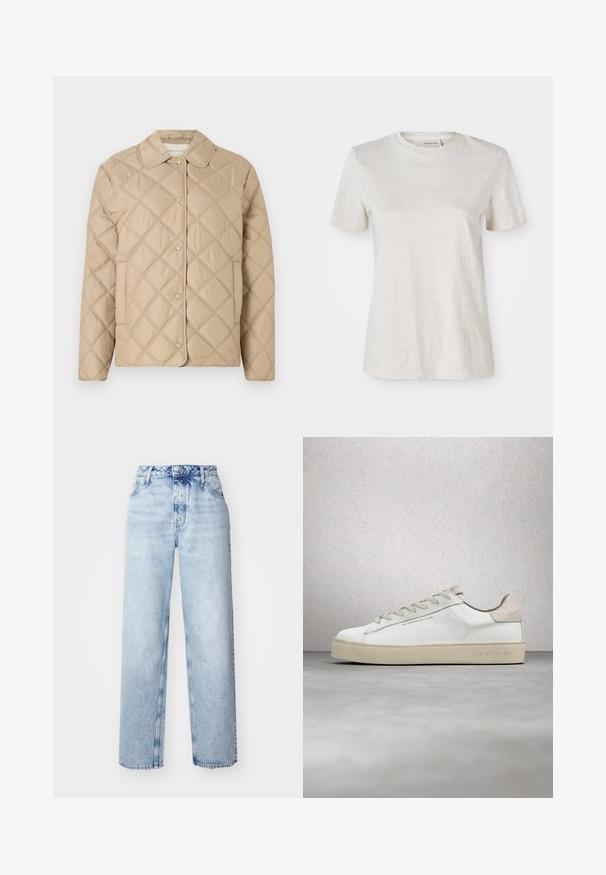 Chaqueta acolchada beige con patrón de diamantes, cuello redondeado, cierre de botón a presión y mangas largas. Textura suave y apariencia ligera.; Camiseta de manga corta de color gris claro, fabricada en una suave mezcla de algodón, con un cuello redondo y un pequeño logo bordado en el pecho.; Jeans de tiro alto color azul claro con un corte holgado, que cuentan con piernas rectas, cinco bolsillos y un cierre clásico de botones y cremallera.; Zapatilla de deporte blanca de cuero con un acabado suave, acentos de gamuza beige, punta redonda, diseño plano con cordones y suela de goma texturizada.