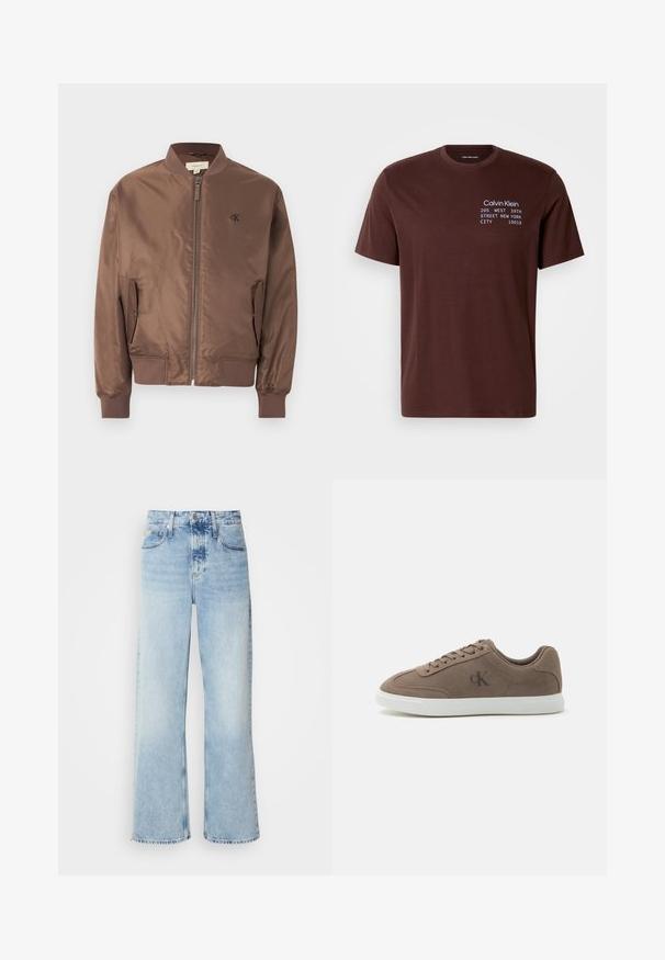 Veste aviateur marron avec fermeture éclair frontale, col, poignets et ourlet côtelés, poches latérales à rabat et petit logo "cK" sur la poitrine gauche.; T-shirt en coton marron avec des manches courtes, un col rond et un texte imprimé en blanc et bleu clair. Le texte comprend des détails sur la marque et l'adresse.; Jean large bleu clair à taille haute, avec une finition délavée, des passants de ceinture et un design classique à cinq poches. L'ourlet est brut.; Baskets basses en daim taupe avec lacets beiges, semelle en caoutchouc blanche et logo subtil "cK" sur le côté.