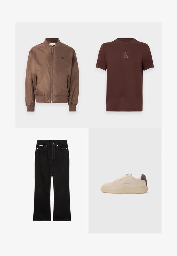 Veste aviateur marron avec fermeture éclair frontale, col, poignets et ourlet côtelés, poches latérales à rabat et petit logo "cK" sur la poitrine gauche.; T-shirt en coton marron à manches courtes, avec un logo poitrine en gris et rouge, col rond et coupe décontractée.; Jean noir droit avec coutures orange, cinq poches, fermeture par bouton, et une petite étiquette Calvin Klein sur la poche avant droite.; Baskets en daim beige avec un bout rond, lacets à l'avant et un accent en daim marron sur le talon. Dotées d'une semelle en caoutchouc texturé.