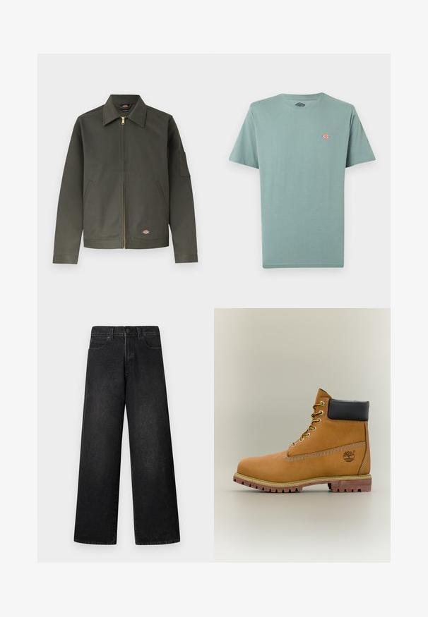 Veste zippée vert foncé avec col pointu, deux poches avant, petite écusson en bas à gauche, et une poche sur la manche gauche.; T-shirt à manches courtes unie vert clair atténué avec un petit logo multicolore Dickies sur la poitrine gauche.; Jean large en denim noir avec taille haute, design à cinq poches et fermeture frontale par un seul bouton. Texture lisse avec un minimum de détails.; Bottine en cuir marron avec col noir, lacets jaunes et semelle beige. Présente un logo et des détails de couture blanche. Semelle extérieure à traction robuste.