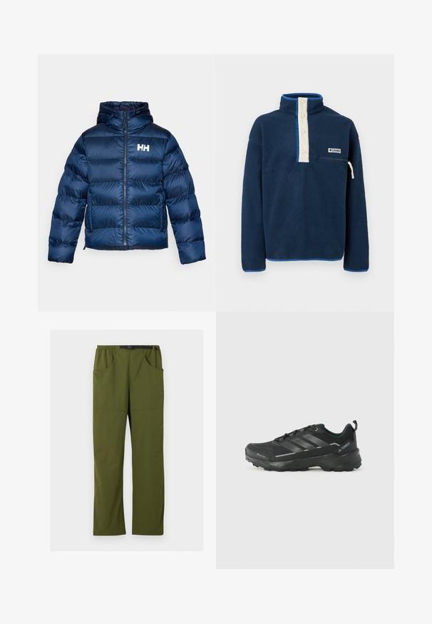 Veste matelassée marine avec fermeture éclair à l'avant et capuche. Fabriquée en matériau brillant et matelassé, elle présente des coutures horizontales et un logo blanc sur la poitrine.; Polaire bleu marine à col montant, patte de boutonnage crème, poche zippée sur la poitrine et écusson du logo Columbia Sportswear.; Pantalon droit vert olive avec taille élastique et ceinture noire ajustable à boucle, poches avant et latérales, détail coutures avant.; Chaussure de sport noire avec un dessus en tissu texturé, trois rayures argentées, un orteil renforcé et une semelle en caoutchouc robuste pour une meilleure adhérence.