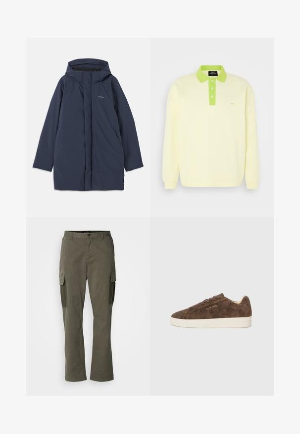 Marineblå vandtæt parka-jakke med hætte, der har en frontlynlås, to sidelommer og et minimalistisk brandlogo på brystet.; Lys gul langærmet polo skjorte med grøn krave og knaplukning. Har et diskret "MN" logo på brystet. Blødt bomulds materiale.; Olivengrøn cargo bukser med lige ben design, der har sidelommer, lynlåslukninger og et bomuldsblandingsstof for holdbarhed.; Brune ruskinds sneakers med lav profil, rund tå og hvid gummisål. Har mørke snørebånd og diskret branding på siden.