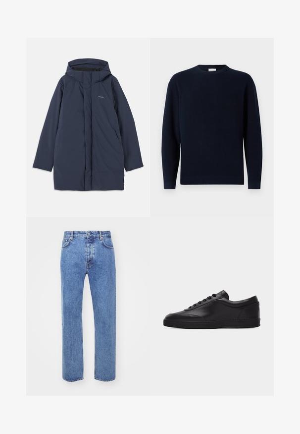 Námornícka modrá vodoodolná parka s kapucňou, disponujúca predným zipsom, dvoma bočnými vreckami a minimalistickým logo značky na hrudi.; Námornícka modrá pletená sveter s okrúhlym výstrihom, dlhými rukávmi a voľným strihom. Mäkka textúra, minimalistický dizajn a žiadne viditeľné vzory.; Won Hundred STEVE - Džínsy voľného strihu - cut blue; Čierna nízka kožená teniska so šnurovaním vpredu a plochou gumovou podrážkou, zobrazená z boku na jednoliatom bielom pozadí.