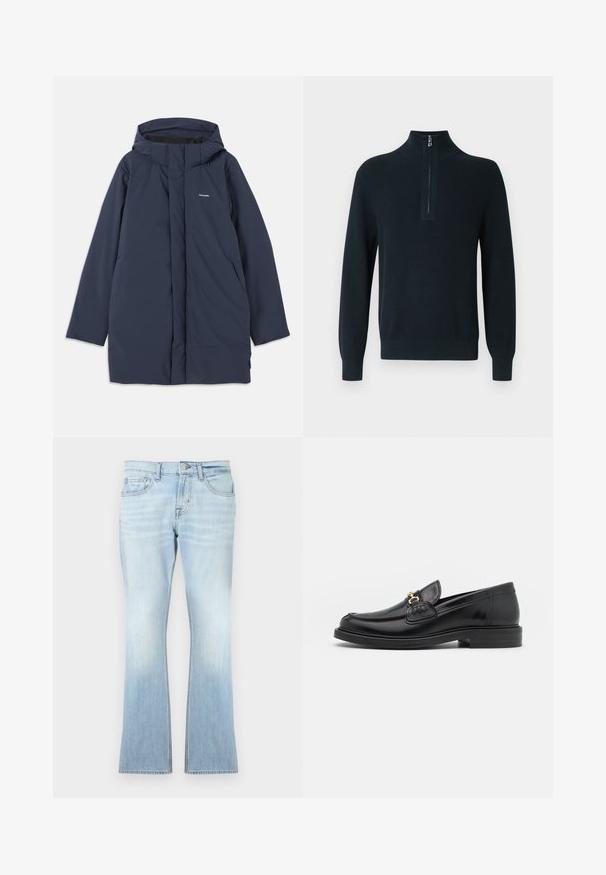 Námornícka modrá vodoodolná parka s kapucňou, disponujúca predným zipsom, dvoma bočnými vreckami a minimalistickým logo značky na hrudi.; Tmavomodrý rebrovaný pulóver s golierom na zips a dlhými rukávmi. Má priliehavé manžety a lem pre pohodlné, pevné obopnutie.; Svetlomodré rozšírené rifle z denimu. Majú päť vreciek, zapínanie na gombík a zips, s vyblednutím smerom k lemom.; Čierne kožené loafers so zaoblenou špičkou, s pozlátenými kovovými prvkami a detailným šitím, uložené na nízkej, textúrovanej gumenej podrážke.