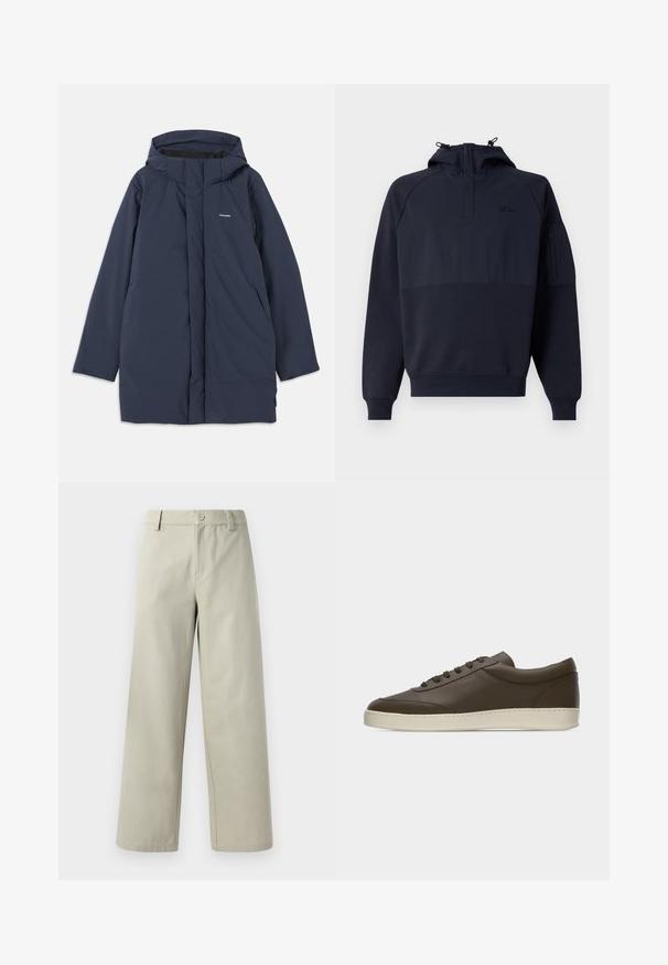 Parka impermeable azul marino con capucha, que cuenta con un cierre frontal, dos bolsillos laterales y un logotipo de marca minimalista en el pecho.; Sudadera con capucha azul marino con diseño de medio cierre, con un bolsillo estilo canguro y un bolsillo con cremallera en la manga. Confeccionada con un tejido suave y texturizado.; Han Kjøbenhavn WIDE LEG - Pantalones - light grey; Zapatilla deportiva de cuero marrón oscuro, de corte bajo, con cierre de cordones y suela de goma color crema, vista desde el lado exterior sobre fondo blanco.