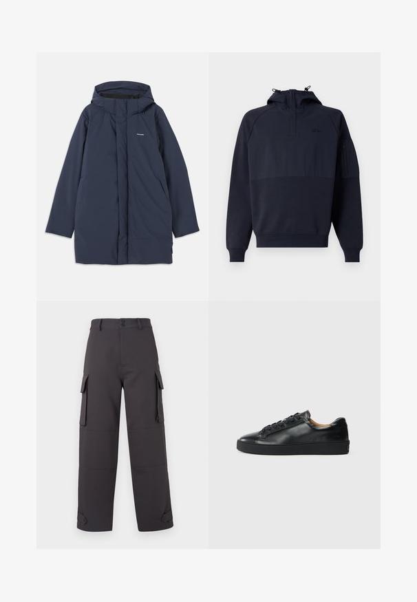 Námornícka modrá vodoodolná parka s kapucňou, disponujúca predným zipsom, dvoma bočnými vreckami a minimalistickým logo značky na hrudi.; Tmavomodrá mikina s kapucňou a polovičným zipsom, vybavená klokankovým vreckom a vreckom na rukáve so zipsom. Vyrobená z mäkkej, textúrovanej látky.; Cargo nohavice v tmavo šedej farbe, vyrobené z hladkej tkaniny, s dvoma bočnými vreckami a gombíkovými uzávermi. Vo voľnom strihu s manžetovými nohavicami.; Čierne kožené tenisky s hladkým povrchom, okrúhlou špičkou a šnúrkami. Majú hrubú gumenú podrážku a minimálne značkové detaily.
