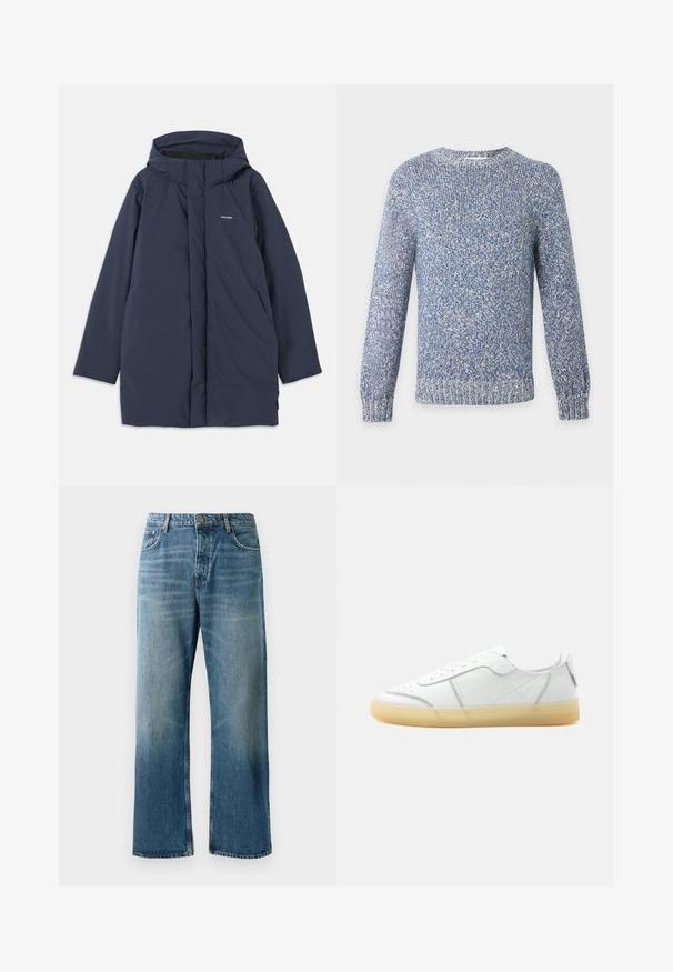 Marineblauwe waterdichte parka-jack met capuchon, voorzien van een voorrits, twee zijzakken en een minimalistisch merklogo op de borst.; Blauw-wit gemêleerde gebreide trui met ronde hals, lange mouwen en geribde boorden en zoom.; Lichtblauwe wijde jeans met een vervaagde wassing, voorzien van een enkele knoopsluiting, vijf zakken en contrasterende stiksels.; Witte lage leren sneaker met beige doorschijnende zool, veters aan de voorkant en minimale stiksel details, zijaanzicht op een effen achtergrond.