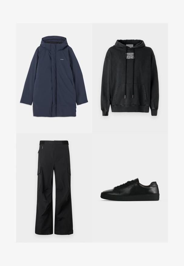 Marineblå vandtæt parka-jakke med hætte, der har en frontlynlås, to sidelommer og et minimalistisk brandlogo på brystet.; Iceberg Hættetrøje - nero; Sorte cargo-bukser lavet af et glat, vandafvisende stof. Har brede ben, flere sidelommer og en flad talje med diskret branding.; Sort lavtop lædersneaker med sorte snørebånd og en tyk sort sål, vist fra siden på en lysegrå baggrund.