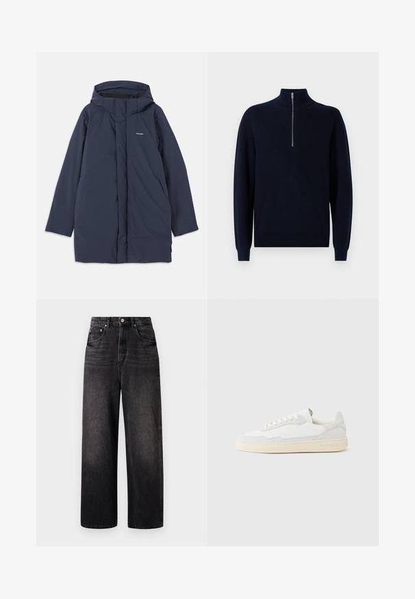 Námornícka modrá vodoodolná parka s kapucňou, disponujúca predným zipsom, dvoma bočnými vreckami a minimalistickým logo značky na hrudi.; Námornícky pletený pulóver s vysokým golierom a štvrť zipom. Ribované textúry na rukávoch a tele, so voľným strihom a štandardným lemom.; Čierne džínsy s voľným strihom, vysokým pásom, piatimi vreckami a viditeľným zapínaním na gombík. Majú jemné zblednutie a rovný strih nohavíc.; Biela teniska s jemne štruktúrovaným zvrškom zo semišu a kože. Má zaoblenú špičku, viazanie na šnúrky a kontrastnú béžovú gumovú podrážku.