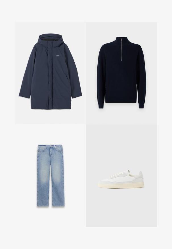 Marineblauwe waterdichte parka-jack met capuchon, voorzien van een voorrits, twee zijzakken en een minimalistisch merklogo op de borst.; Navy gebreide pullover met een hoge kraag en kwartrits. Geribbelde textuur op de mouwen en het lichaam, met een relaxte pasvorm en standaard zoom.; Lichtblauwe straight-leg spijkerbroek met vijf zakken, riemlussen en een knoop- en ritsluiting.; Witte sneaker met een bovenwerk van gestructureerd suède en leer. Voorzien van een afgeronde neus, vetersluiting en een contrasterende beige rubberen zool.