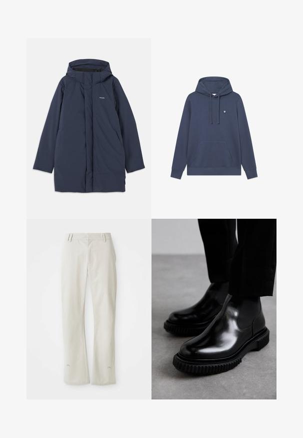 Marineblå vandtæt parka-jakke med hætte, der har en frontlynlås, to sidelommer og et minimalistisk brandlogo på brystet.; Marineblå hættejakke med justerbare snore, kængurulomme og et lille logo på venstre bryst. Glat tekstur, blandingsmateriale af bomuld.; Lys grå, lige bukser lavet af glat stof. Har forlommer, bæltesløjfer og et diskret logo nær kanten.; Sorte læder Chelsea støvler med en glat overflade, elastiske sidepaneler og en tykkere, struktureret gummisul med et robust dækmønster.