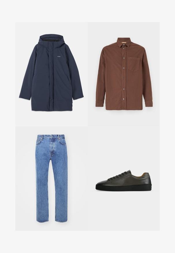 Námornícka modrá vodoodolná parka s kapucňou, disponujúca predným zipsom, dvoma bočnými vreckami a minimalistickým logo značky na hrudi.; Hnedá košela na gombíky s golierom, dlhými rukávmi, jednou náprsné vrecko a sivými gombíkmi, vyrobená z textúrovanej látky.; Won Hundred STEVE - Džínsy voľného strihu - cut blue; Nízky tmavosivý kožený teniska s čiernymi šnúrkami a podrážkou, minimalistický dizajn, bočný profil na jednoduchom svetlom pozadí.