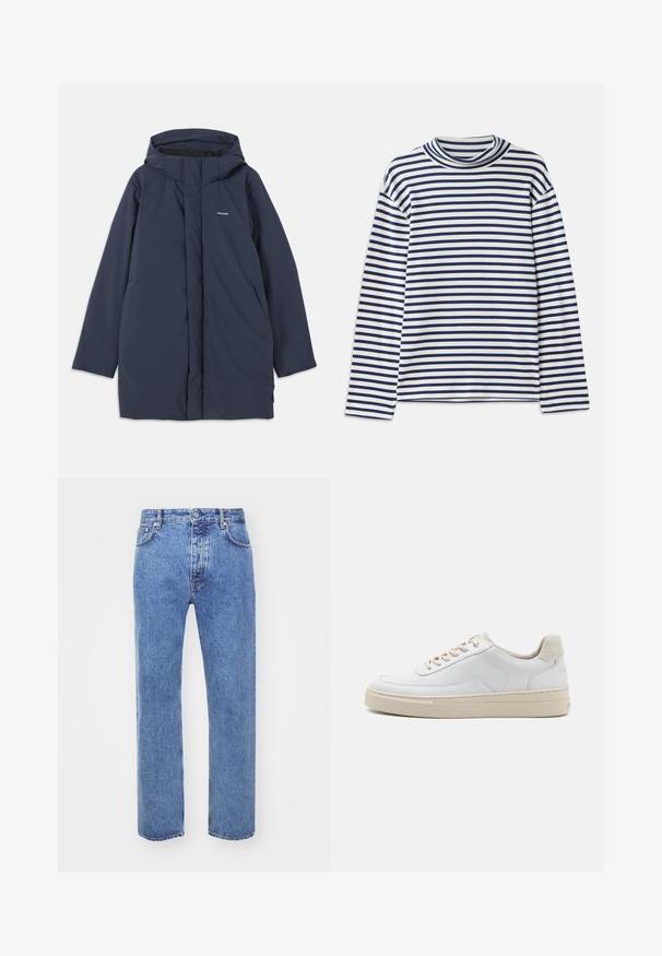 Parka impermeable azul marino con capucha, que cuenta con un cierre frontal, dos bolsillos laterales y un logotipo de marca minimalista en el pecho.; CLOSED TURTLE NECK - Camiseta de manga larga - dark night; Won Hundred STEVE - Vaqueros boyfriend - cut blue; Zapatilla blanca con parte superior de cuero suave, cordones beige y un tirador de talón de ante beige texturizado. Suela elevada para mayor altura.