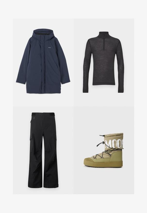 Marineblauer wasserdichter Parkajacke mit Kapuze, ausgestattet mit einem Frontreißverschluss, zwei seitlichen Taschen und einem minimalistischen Markenlogo auf der Brust.; Schwarzes Langarm-Turtleneck-Shirt aus einem strukturierten Stoff, mit einem Halbreißverschluss am Kragen und eng anliegenden Ärmeln.; Schwarze Cargo-Hosen aus einem glatten, wasserabweisenden Stoff. Merkmale sind weit geschnittene Beine, mehrere Seitentaschen und ein flacher Bund mit dezentem Branding.; Olivgrüner Winterstiefel mit einem gepolsterten Schaft, der weißen "MOON"-Aufschrift, schwarzen elastischen Schnürsenkeln und einer strukturierten Gummisohle.