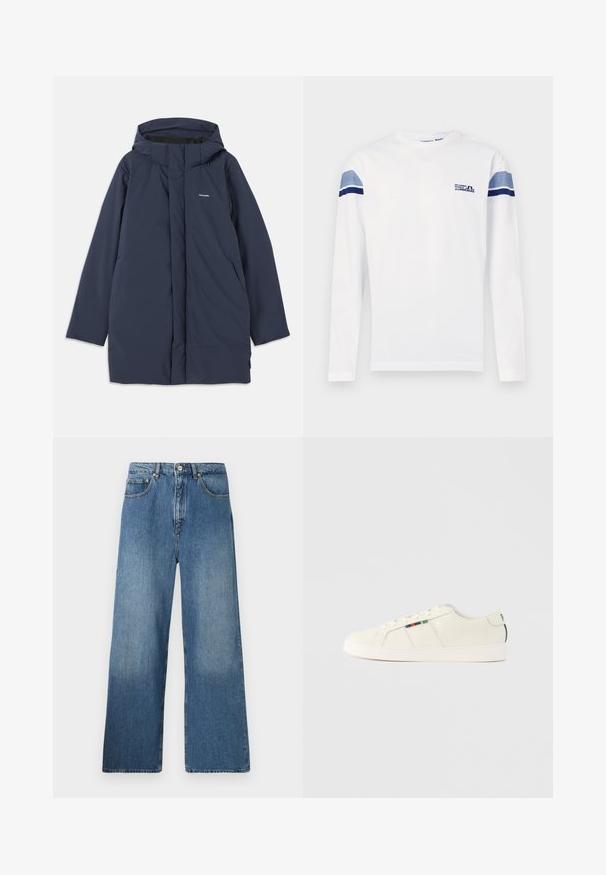 Marineblå vandtæt parka-jakke med hætte, der har en frontlynlås, to sidelommer og et minimalistisk brandlogo på brystet.; Hvid langærmet skjorte med V-hals, der har blå og lyseblå horisontale striber på skuldrene og et lille logo på brystet.; Bredde ben blå denim jeans med et klassisk fem-lomme design, frontlukning med knap og let falming for tekstur.; Lysebeige sneakers med en glat tekstur, snørelukning og farverig stribet detalje på siden. Hvid gummisål. Ensfarvet bagtil.