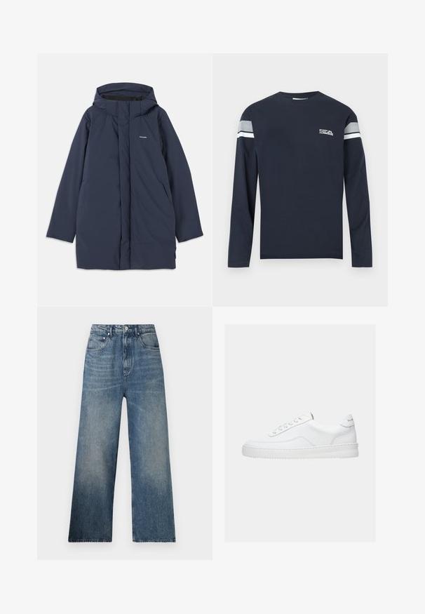 Marineblå vandtæt parka-jakke med hætte, der har en frontlynlås, to sidelommer og et minimalistisk brandlogo på brystet.; Marineblå langærmet T-shirt i bomuldsstof med rund hals, en hvid og grå stribe på ærmerne samt en lille brystlogo-detalje.; Blå denim bredbenede jeans med høj talje, subtilt slid, fem lommer og metalknaplukning foran.; Hvid lavt sneaker med snørelukning, glat læderoverdel og tyk sål, vist fra siden på en ensfarvet baggrund.
