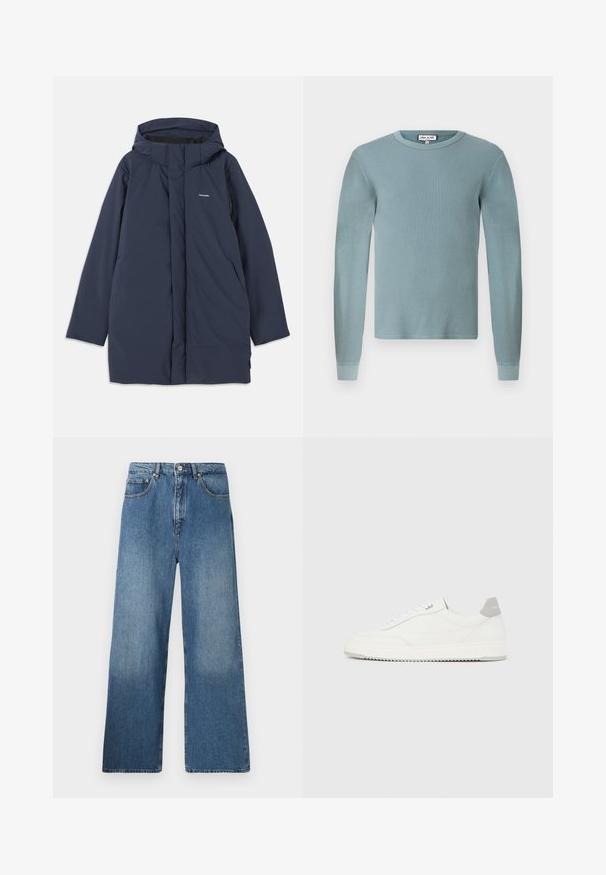 Marineblauwe waterdichte parka-jack met capuchon, voorzien van een voorrits, twee zijzakken en een minimalistisch merklogo op de borst.; Lichtblauw langemouwen shirt met een ribbeltextuur en een ronde halslijn. Heeft fitted manchetten en een eenvoudig merketiket op de kraag.; Lange blauwe denim jeans met een klassiek vijf-pocket ontwerp, voor sluiting met een knoop en een lichte vervaging voor textuur.; Witte lage sneaker met grijze hielpatch, witte veters en een gestructureerde zool, gepresenteerd op een effen lichte achtergrond.