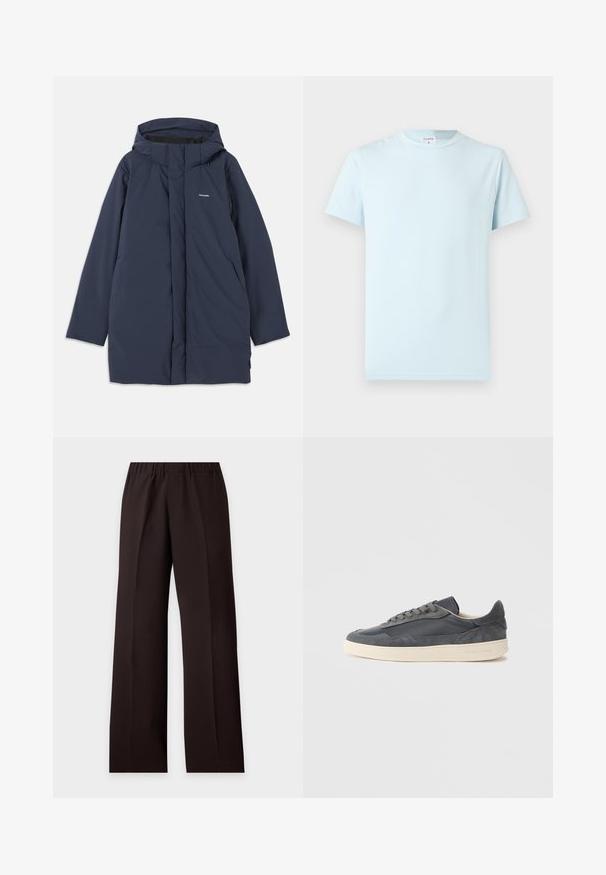 Marineblå vandtæt parka-jakke med hætte, der har en frontlynlås, to sidelommer og et minimalistisk brandlogo på brystet.; Lyseblå kortærmet T-shirt lavet af blød bomuld. Har en klassisk rund halsudskæring og et minimalistisk design uden mønstre eller detaljer.; Sorte bukser med vidde i benene, elastisk talje og lige folder foran, vist på en enkel lys baggrund.; Mørkegrå sneakers lavet af læder og ruskind med lavt snit, med en cremefarvet gummisål og flade snørebånd.