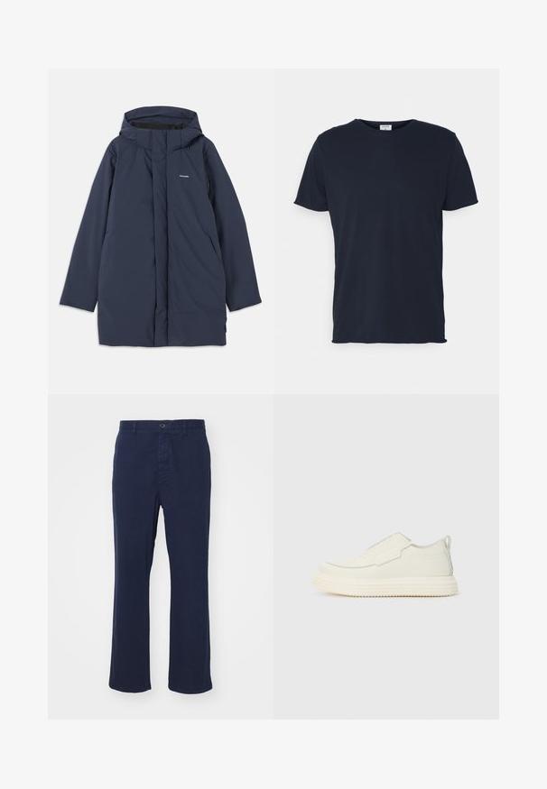 Parka impermeable azul marino con capucha, que cuenta con un cierre frontal, dos bolsillos laterales y un logotipo de marca minimalista en el pecho.; Camiseta de algodón azul marino con cuello redondo y mangas cortas, de textura suave y diseño simple, sin patrones ni acentos visibles.; Pantalones de algodón azul marino con un diseño de pierna recta, que cuentan con un cierre de botón en la parte frontal y bolsillos laterales. Textura suave con un detalle mínimo.; Zapatilla slip-on en material texturizado color blanco roto con una suela gruesa y estriada. Presenta costuras mínimas y un sutil acento azul claro.