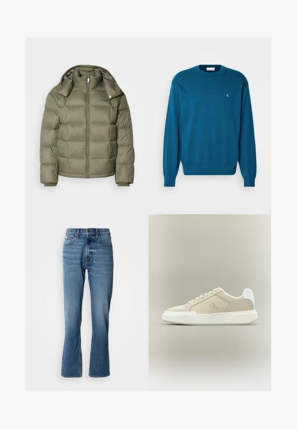Pufferjakke i olivengrøn med lynlås foran, høj krave og aftagelig hætte. Har kviltede sektioner og elastiske manchetter.; Turkis strikket sweater med rund hals, lange ærmer og ribbet kant. Har et lille logo i øverste venstre hjørne. Blød tekstur.; Lyseblå denim jeans med lige pasform og let flare. Har fem lommer, knaplukning og subtile slidte detaljer.; Beige lavtopsneaker med tyk hvid sål, snørebånd, hvid hælkappe og diskret CK-logo på sidepanelet.