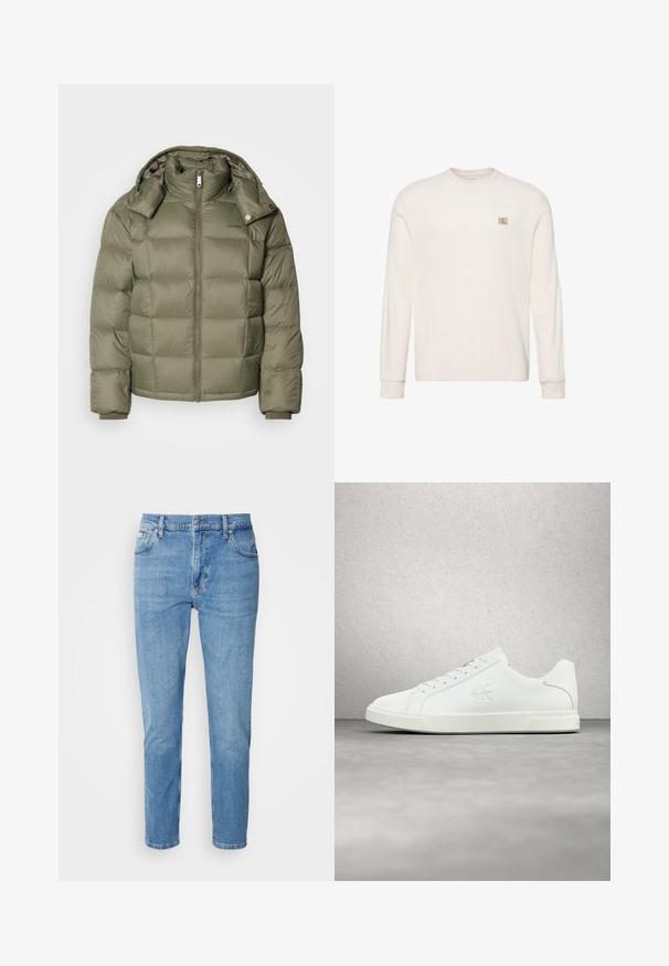 Pufferjakke i olivengrøn med lynlås foran, høj krave og aftagelig hætte. Har kviltede sektioner og elastiske manchetter.; Langærmet hvid striktrøje med rund halsudskæring og lille beige Calvin Klein logo-mærke på venstre bryst.; Lys blå denim jeans med lige snit, fem-lomme design og subtilt slid. Har knaplukning og bæltestropper.; Hvid lædersneaker med en glat overflade, snørelukning, logodetalje på siden og en kontrasterende hvid gummisål.