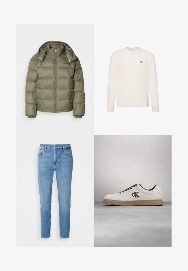 Pufferjakke i olivengrøn med lynlås foran, høj krave og aftagelig hætte. Har kviltede sektioner og elastiske manchetter.; Langærmet hvid striktrøje med rund halsudskæring og lille beige Calvin Klein logo-mærke på venstre bryst.; Lys blå denim jeans med lige snit, fem-lomme design og subtilt slid. Har knaplukning og bæltestropper.; Hvid sneakers med brune accenter, ruskindsmateriale, flade snørebånd og gummisål. Har en logo på siden og en glat tekstur.