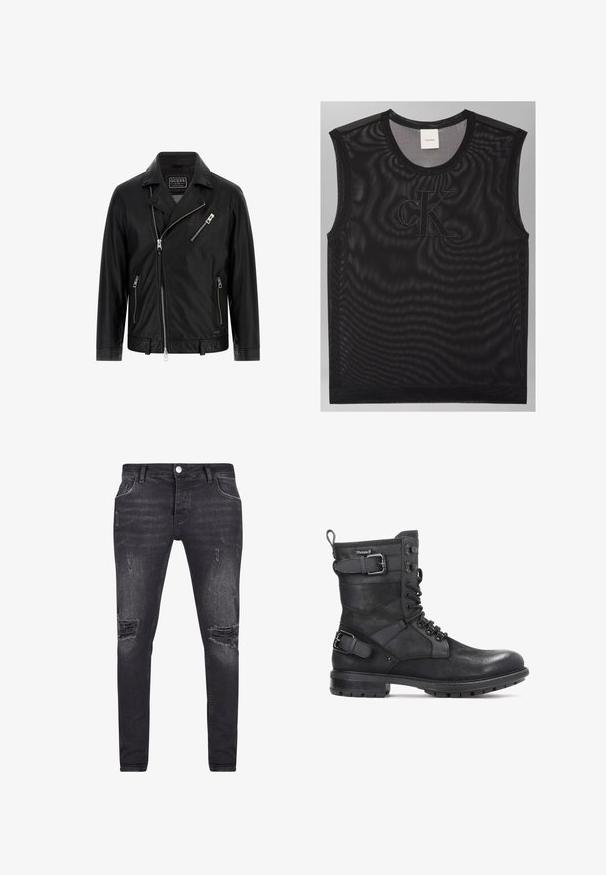 Chaqueta de moto de cuero negro con cuello de solapa, cremallera frontal asimétrica, dos bolsillos laterales y un pequeño bolsillo en el pecho con detalle de cremallera.; Top negro de malla sin mangas con cuello redondo y gran logotipo "cK" bordado en el pecho, etiqueta Calvin Klein en la parte posterior del cuello.; Jeans de denim negro con un ajuste slim, con detalles desgastados y parches rasgados en la parte frontal. Equipados con un cierre de botón y cremallera.; Kazar HEARD - Botines camperos - black