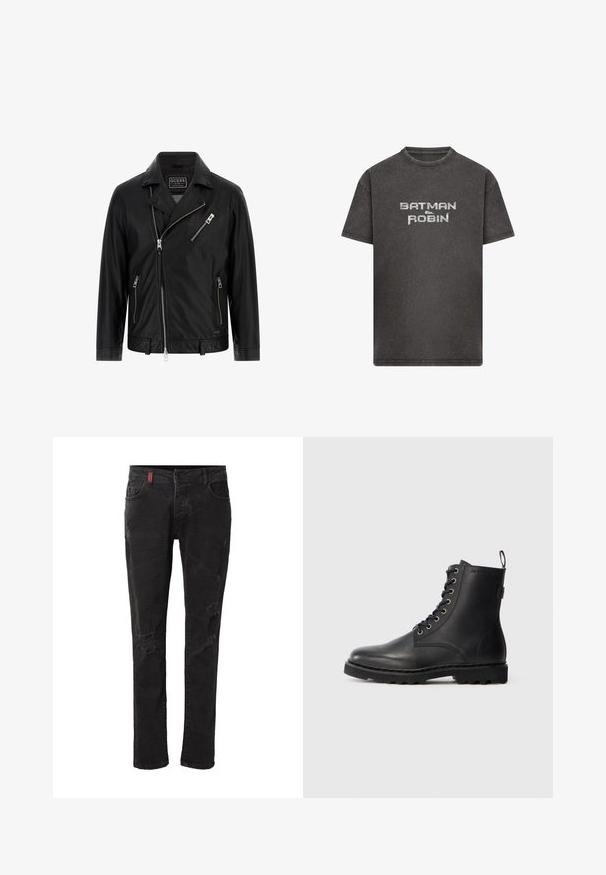 Chaqueta de moto de cuero negro con cuello de solapa, cremallera frontal asimétrica, dos bolsillos laterales y un pequeño bolsillo en el pecho con detalle de cremallera.; Camiseta de manga corta color gris carbón con tejido descolorido y texto «BATMAN & ROBIN» impreso en gris claro en el centro delantero.; Vaqueros ajustados negros con parches desgastados en los muslos delanteros y las rodillas, con bolsillos delanteros y trabillas para cinturón.; Botín de cuero negro con punta redonda, diseño con cordones y ojales de metal. Cuenta con una suela texturizada y una lengüeta en el talón para facilitar su uso.