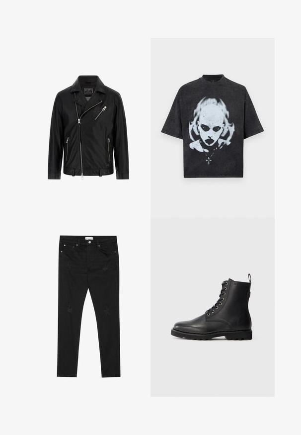Chaqueta de moto de cuero negro con cuello de solapa, cremallera frontal asimétrica, dos bolsillos laterales y un pequeño bolsillo en el pecho con detalle de cremallera.; Camiseta negra de talla grande con un gráfico blanco de una persona calva con ojos oscuros, lápiz labial, piercings y un collar con colgante de cruz.; Jeans slim fit negros con parches desgastados sutiles, botón de metal, bolsillos delanteros y una etiqueta de Pier One en la cinturilla.; Botín de cuero negro con punta redonda, diseño con cordones y ojales de metal. Cuenta con una suela texturizada y una lengüeta en el talón para facilitar su uso.