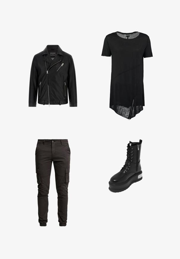 Chaqueta de moto de cuero negro con cuello de solapa, cremallera frontal asimétrica, dos bolsillos laterales y un pequeño bolsillo en el pecho con detalle de cremallera.; Camiseta negra de manga corta con cuello redondo, dobladillo asimétrico, textura transparente y detalle de cremallera lateral. Tejido suave y ligero.; Pantalones cargo negros de mezcla de algodón, con bolsillos laterales, puños elásticos, cierre de botón y una textura suave y mate.; Botín de combate de imitación de cuero negro con una plataforma gruesa, que presenta un cierre de cordones en la parte frontal, cierre de cremallera y un acento metálico en el tacón.