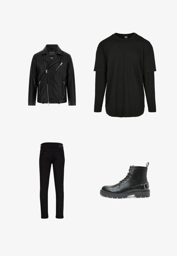 Chaqueta de moto de cuero negro con cuello de solapa, cremallera frontal asimétrica, dos bolsillos laterales y un pequeño bolsillo en el pecho con detalle de cremallera.; Urban Classics OVERSIZED SHAPED DOUBLE LAYER LS TEE - Camiseta de manga larga - black/black; Jeans elásticos negros con un corte ajustado, que cuentan con una cintura de altura media y dos bolsillos traseros. Textura suave con detalles de hardware mínimos.; Bota de combate de cuero negro con cordones, ojales de metal, suela resistente, lengüeta en el talón y una correa decorativa con hebilla en el costado.