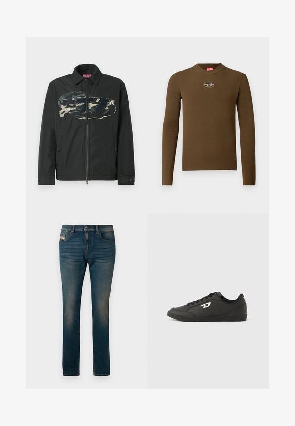 Chaqueta negra con cremallera completa que presenta un diseño gráfico prominente en el frente, confeccionada con un material suave con acentos texturizados y bolsillos laterales.; Top de manga larga de canalé marrón con cuello redondo y un parche con logo en el pecho. La textura es suave y ajustada, fabricada en material elástico.; Vaqueros azul oscuro de mezclilla, con cinco bolsillos, cierre de botón y un ligero desgaste en los muslos para un aspecto envejecido.; Zapatillas deportivas negras sintéticas con suela negra texturizada, puntera redonda y cordones planos negros. Destaca un logo blanco en el lateral exterior.