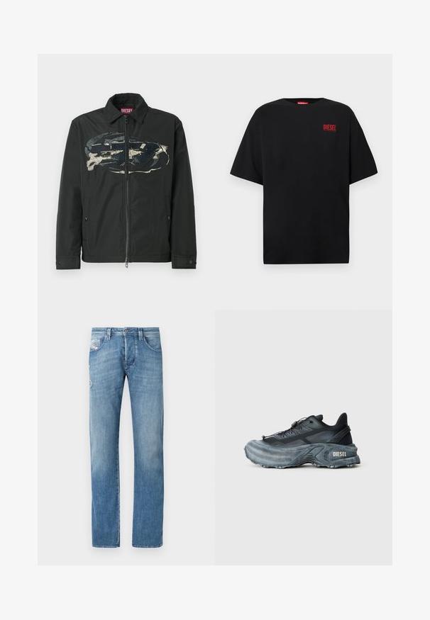 Chaqueta negra con cremallera completa que presenta un diseño gráfico prominente en el frente, confeccionada con un material suave con acentos texturizados y bolsillos laterales.; Camiseta negra de algodón, con mangas cortas, cuello redondo y un logo rojo de "DIESEL" en la zona izquierda del pecho.; Jeans de mezclilla azul claro con pierna recta, que cuentan con cierre de botones, cinco bolsillos y detalles de costura sutiles en los bolsillos traseros.; Zapatilla Diesel en negro y gris con suela gruesa, cierre de cordón y diseño texturizado sobre un fondo liso de color gris claro.