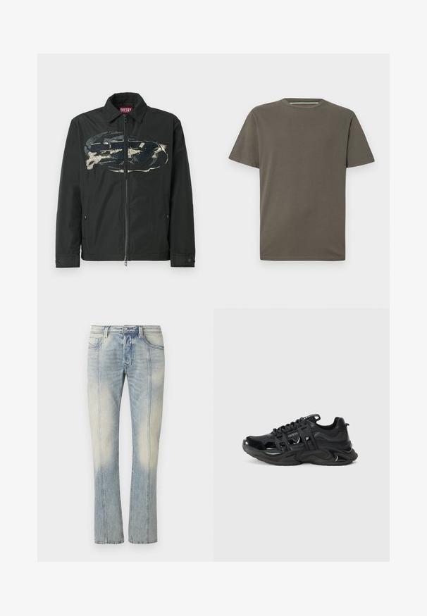 Schwarze Reißverschlussjacke mit auffälligem grafischem Design auf der Vorderseite, hergestellt aus einem glatten Material mit strukturierten Akzenten und Seitentaschen.; Dunkelolivgrünes T-Shirt aus Baumwolle. Mit Rundhalsausschnitt, kurzen Ärmeln und einem dezenten, geprägten Logo auf der Brust.; Hellblaue Jeans aus Denim mit geradem Bein, doppelt abgesteppten Nähten, Fronttaschen und einem verwaschenen Finish. Kein sichtbares Markenzeichen.; Schwarze Sport-Sneaker mit glänzender Oberfläche, aus Mesh- und Synthetikmaterial, mit einer klobigen, wellenförmigen Sohle und ausgeschnittenen Akzenten. Logo auf der Zunge.