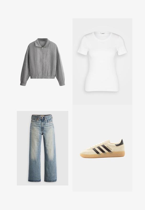 Veste grise zippée avec fines rayures blanches verticales, col montant, manches longues et poignets et ourlet élastiqués.; T-shirt en coton blanc avec des manches courtes, un col rond et une texture côtelée. Design ajusté avec une finition lisse et nette.; Jeans en denim bleu à jambes larges avec un délavage clair, taille haute, design à cinq poches et matériel en laiton. Accents décolorés à l'avant et à l'arrière.; Baskets en daim crème avec des rayures noires, semelle en gomme, languette noire au talon et texte doré "SPEZIAL" sur le côté.