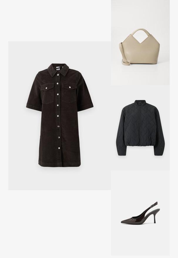 Veste bomber noire matelassée avec un col côtelé, fermeture éclair intégrale à l'avant et manches larges. La surface texturée présente un motif en losanges.; Robe chemise en velours côtelé noir avec col, manches courtes et deux poches poitrine. Dotée de boutons-pression argentés sur le devant et d'une coupe droite.; Soulier à talons hauts type slingback en cuir verni marron foncé brillant, à bout pointu, côtés ouverts et bride de cheville réglable.; Sac à main structuré beige avec un dessus en V, en cuir lisse, muni de poignées courtes et d'une longue bandoulière réglable. Design minimaliste.