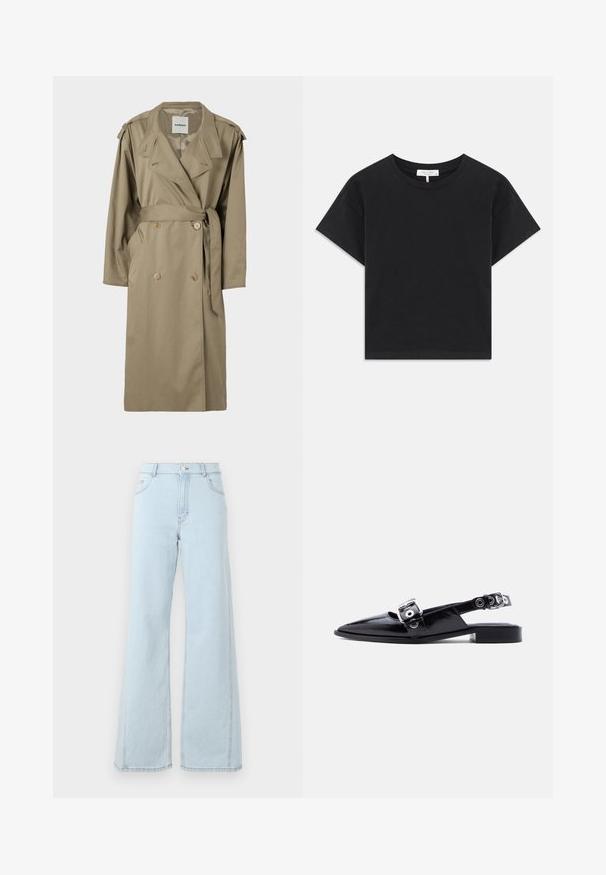 Tan trenchcoat med dobbeltknaplukning, bælte i taljen og sidelommer. Har epauletter og et klassisk kravedesign.; Sort cropped t-shirt lavet af bomuld, med rund halsudskæring, korte ærmer og et enkelt design uden mønstre eller pynt.; Lysblå denim wide-leg jeans har høj talje, frontlommer og synlige stiksyninger på sømmene og kanten.; Sort laklæder flat sko med spids tå, dobbelte sølvspænder og slingback-hæl på hvid baggrund.